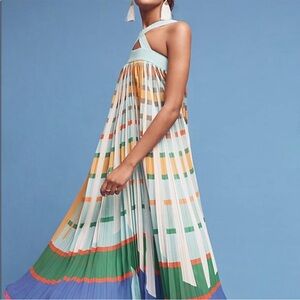 GEISHA Designs/ANTHROPOLOGIE sz M Light Blue/green pleated maxi dress